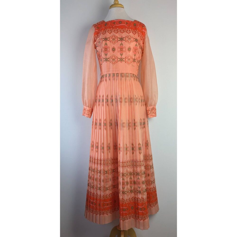 Vintage 1970's Alfred Shaheen Peachy Pink / Orange Puff Sleeve Maxi Dress